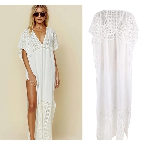 NEW Brand Boho White Caftan Beach Swim Coverup Maxi Dress{white with Sid… - Picture 4 of 4